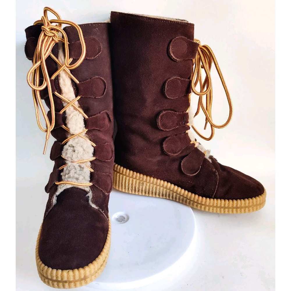 Vintage Eskimo Boots Size 8 Brown Suede Shearling Lace Up USA Made Mid-Calf Warm